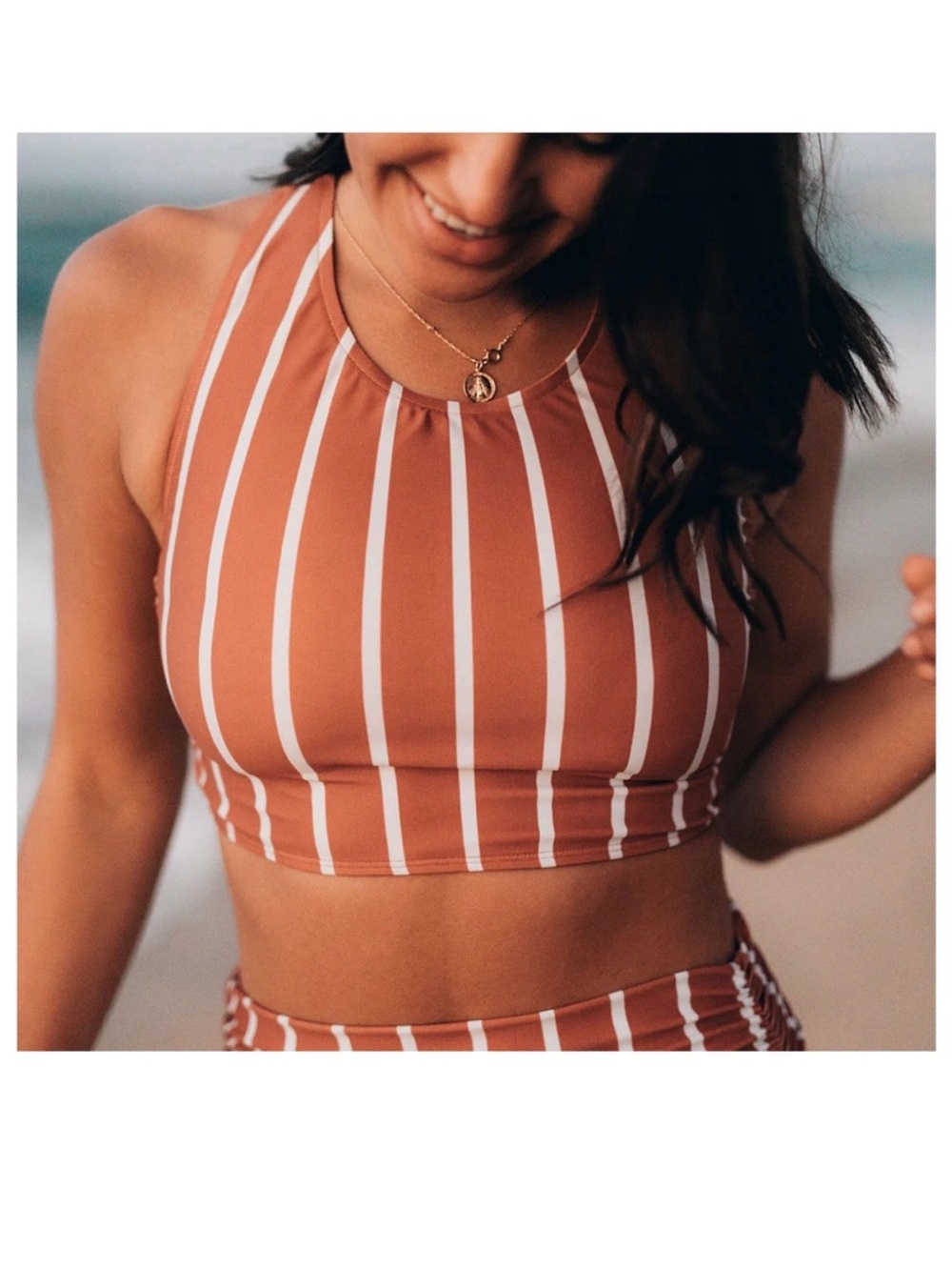 Albion Fit Game Changer top & High Waisted Bottoms- Rust & White Stripe L - Picture 3 of 7